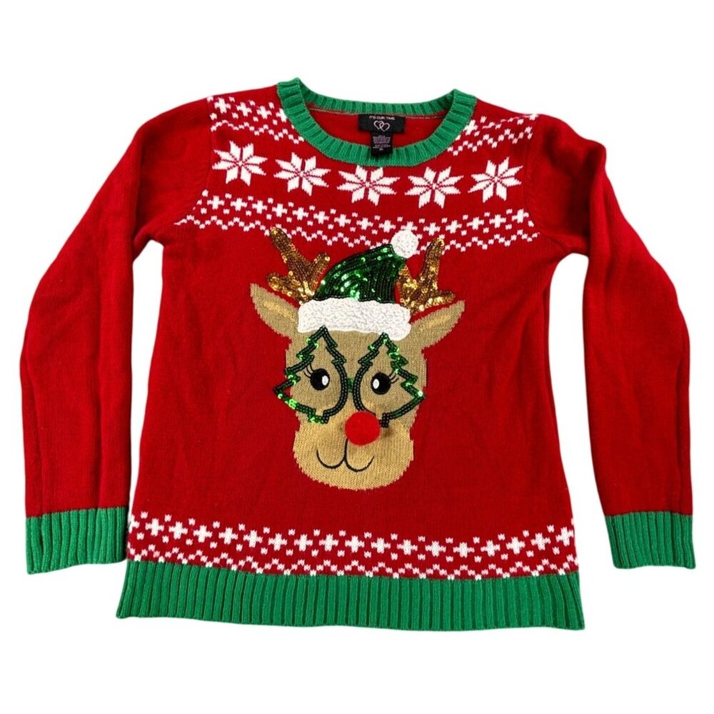 Festive Reindeer Christmas Sweater Sequin Green Trims Holiday Ugly Sweater